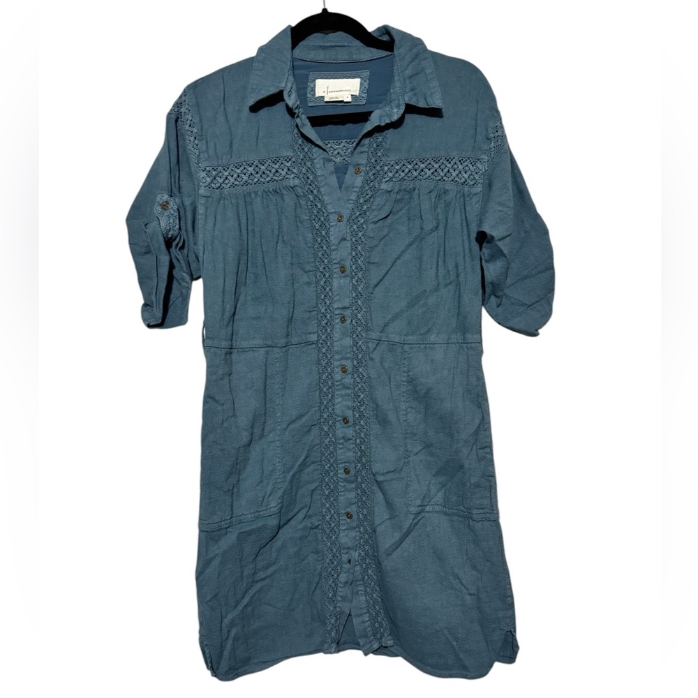 Anthropologie Denim Blue Lace Crochet Boho Midi Shirt Dress Small Spring Summer